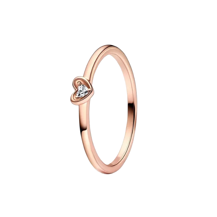 Rose gold ring with a heart-shaped diamond on a white background