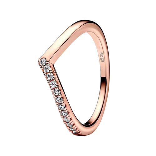 Rose gold ring with diamonds on a white background