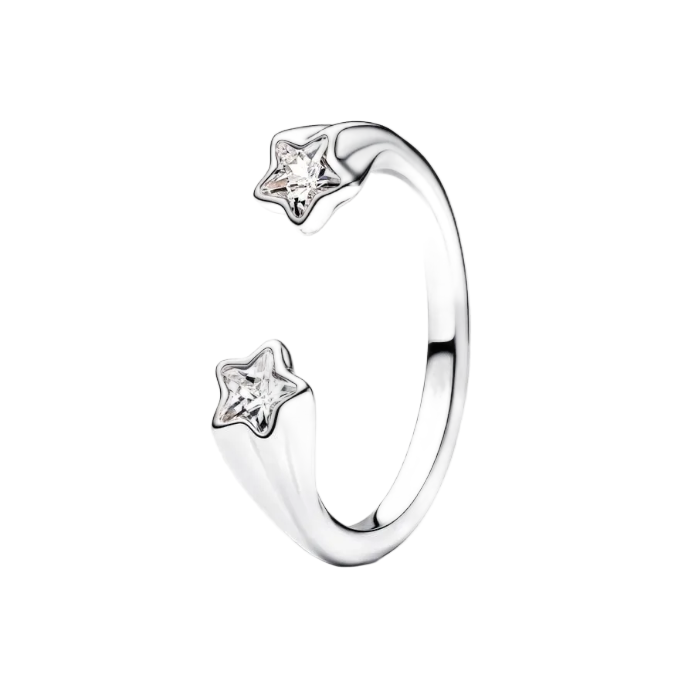 Silver ring with star-shaped gemstones on a white background