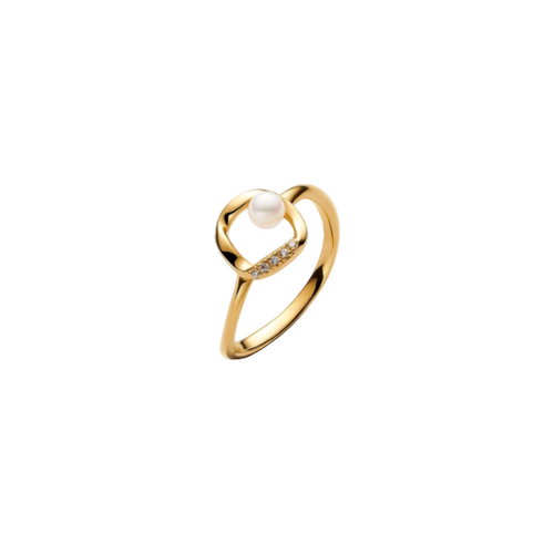 Gold ring with a pearl and small diamonds on a white background