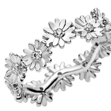 Load image into Gallery viewer, Silver floral ring with diamond-like stones on a white background
