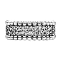 Load image into Gallery viewer, Silver ring with beaded design and embedded stones on a white background
