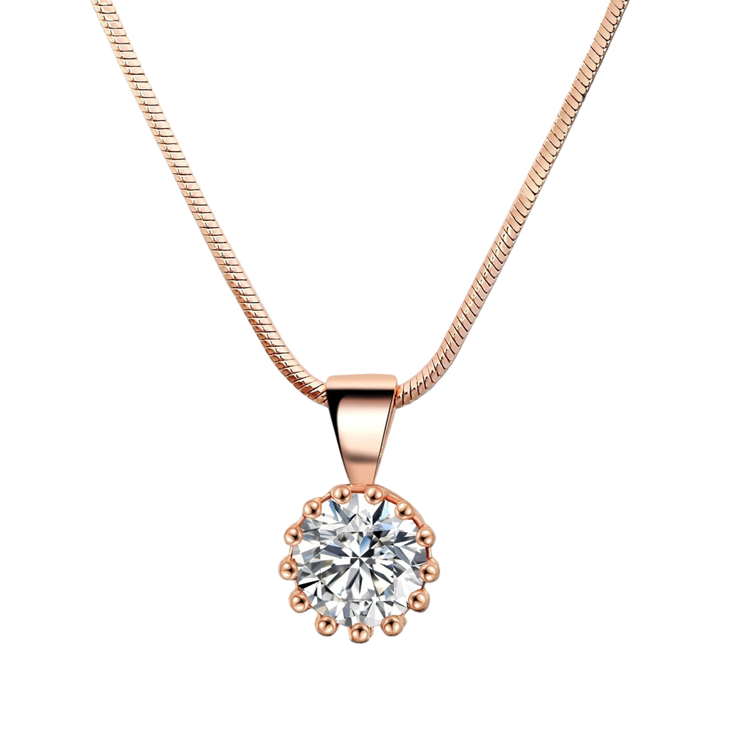 Rose gold necklace with a diamond pendant on a white background
