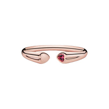Load image into Gallery viewer, Rose gold open ring with a heart-shaped red gemstone on a white background
