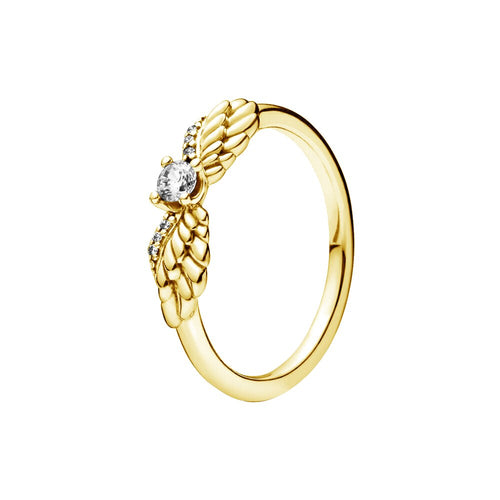 gold ring with angle wings and a clear gem stone